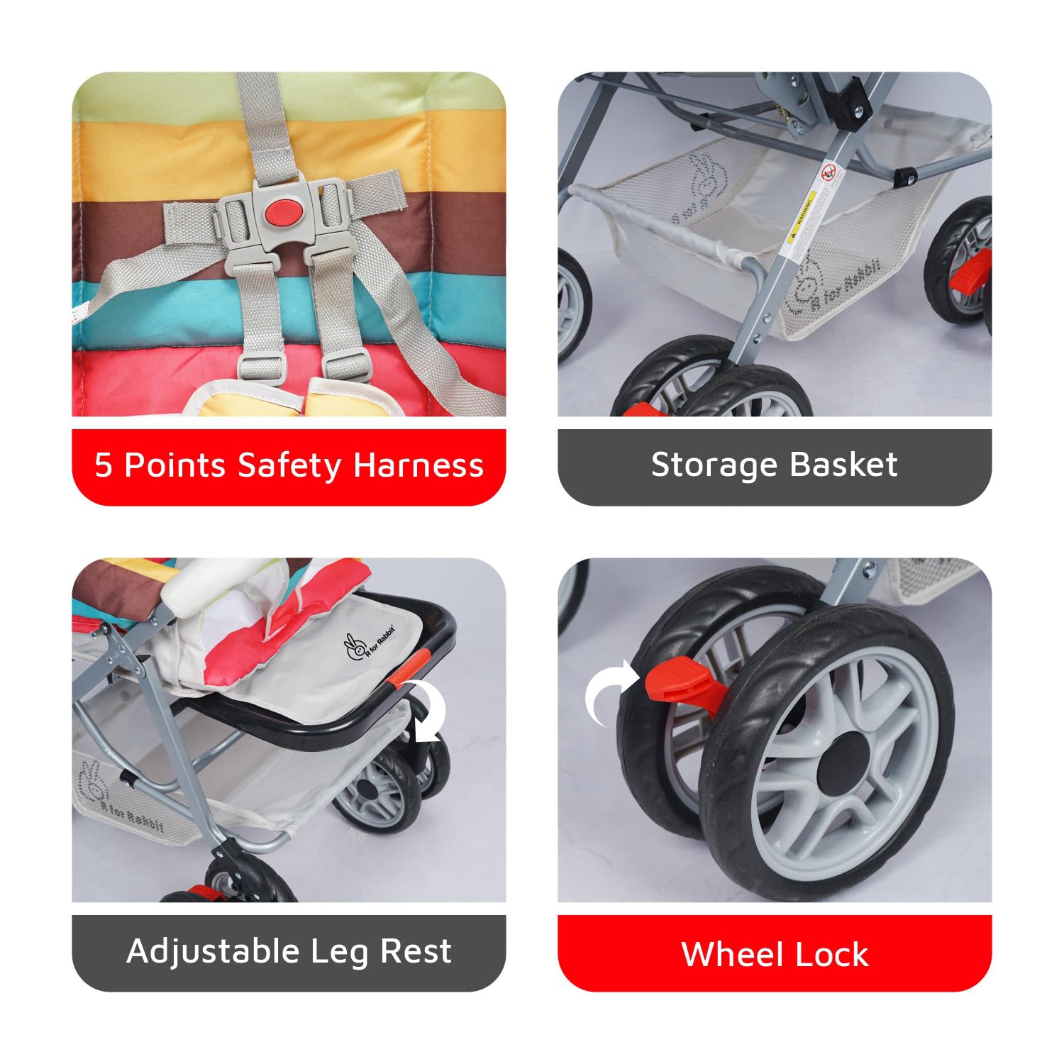 Collapsible blue baby stroller with bright yellow, orange, and blue striped fabric, standing on a light grey platform. www.usmile.toys